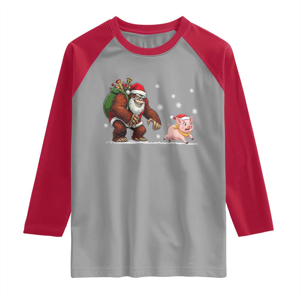 Christmas Cryptid Farm Life Gift Raglan Shirt Funny Bigfoot Chasing Pig TS12 Sport Gray Red Print Your Wear