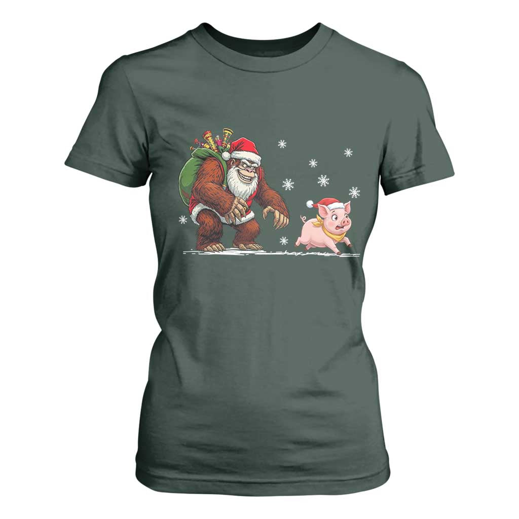 Christmas Cryptid Farm Life Gift T Shirt For Women Funny Bigfoot Chasing Pig TS12 Dark Forest Green Print Your Wear