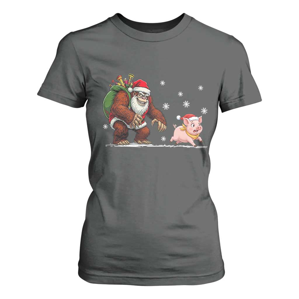Christmas Cryptid Farm Life Gift T Shirt For Women Funny Bigfoot Chasing Pig TS12 Dark Heather Print Your Wear