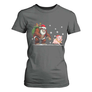 Christmas Cryptid Farm Life Gift T Shirt For Women Funny Bigfoot Chasing Pig TS12 Dark Heather Print Your Wear