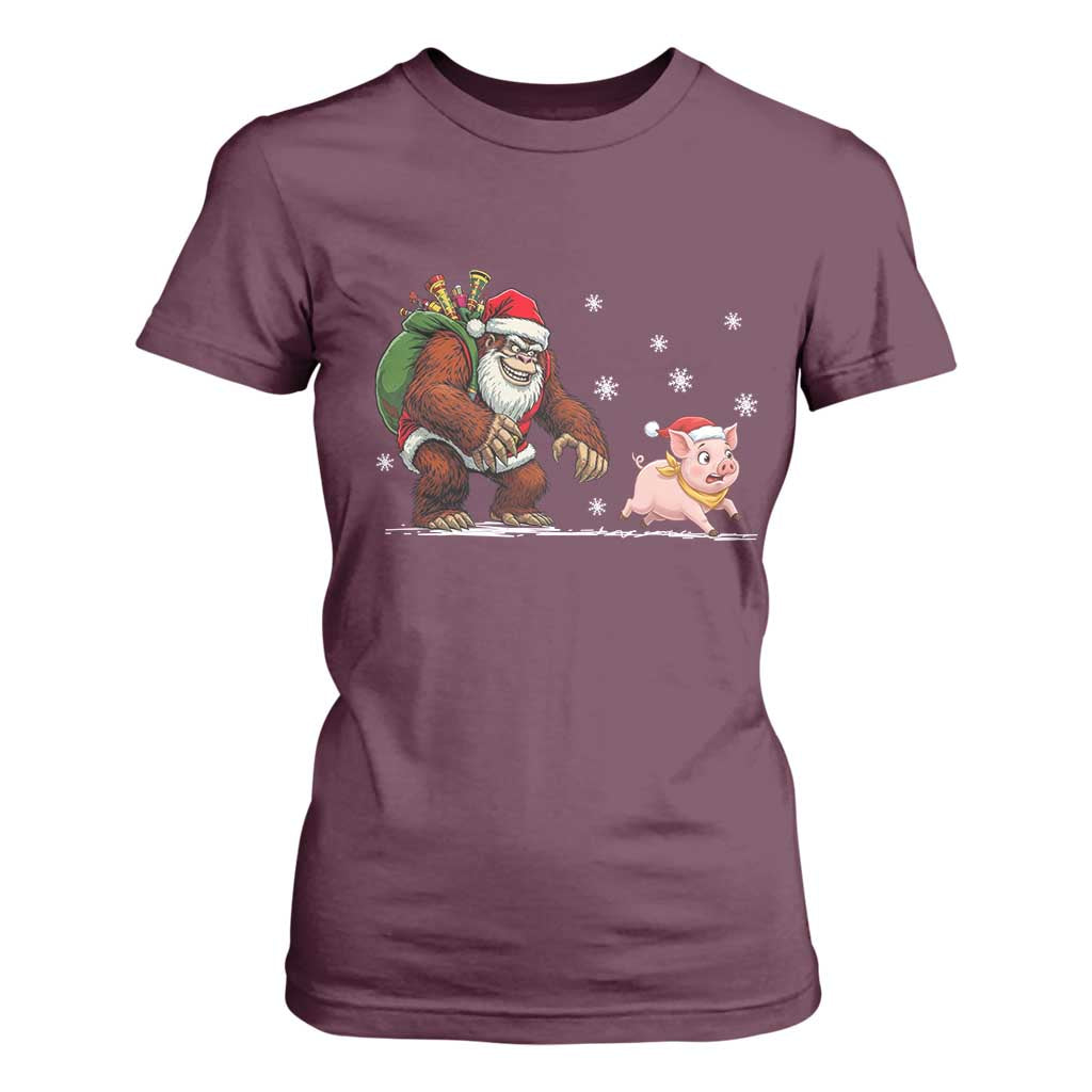 Christmas Cryptid Farm Life Gift T Shirt For Women Funny Bigfoot Chasing Pig TS12 Maroon Print Your Wear