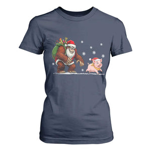 Christmas Cryptid Farm Life Gift T Shirt For Women Funny Bigfoot Chasing Pig TS12 Navy Print Your Wear