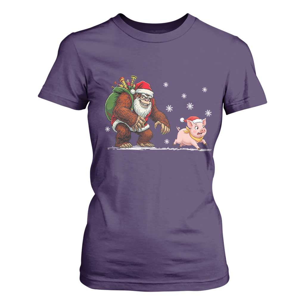 Christmas Cryptid Farm Life Gift T Shirt For Women Funny Bigfoot Chasing Pig TS12 Purple Print Your Wear