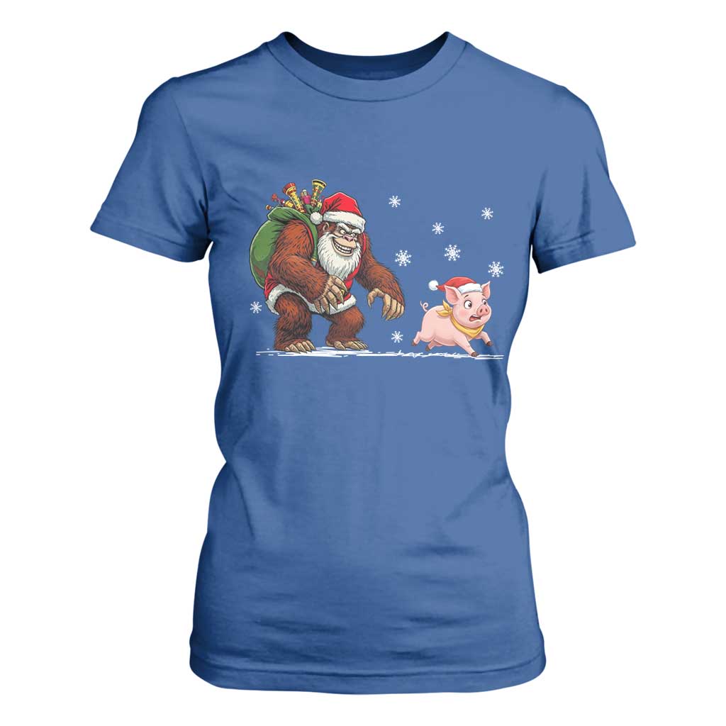 Christmas Cryptid Farm Life Gift T Shirt For Women Funny Bigfoot Chasing Pig TS12 Royal Blue Print Your Wear