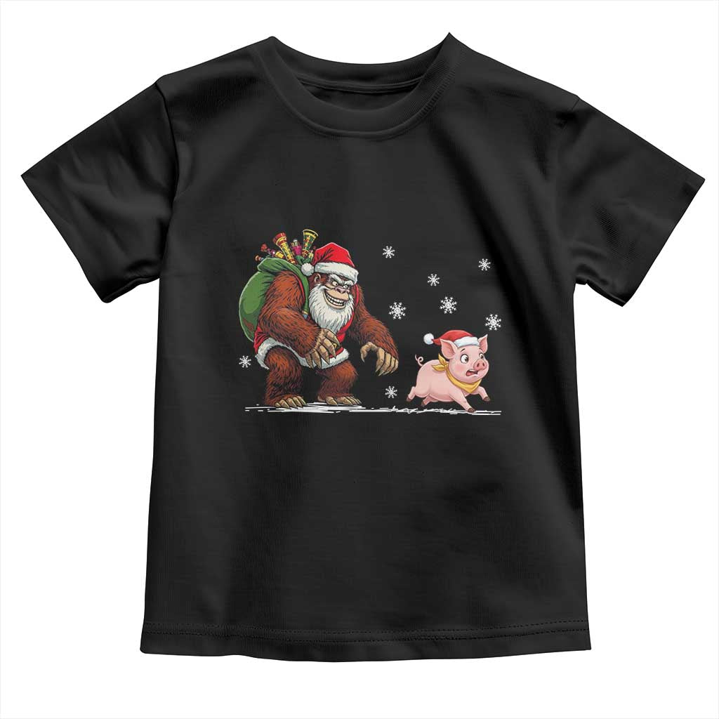Christmas Cryptid Farm Life Gift Toddler T Shirt Funny Bigfoot Chasing Pig TS12 Black Print Your Wear