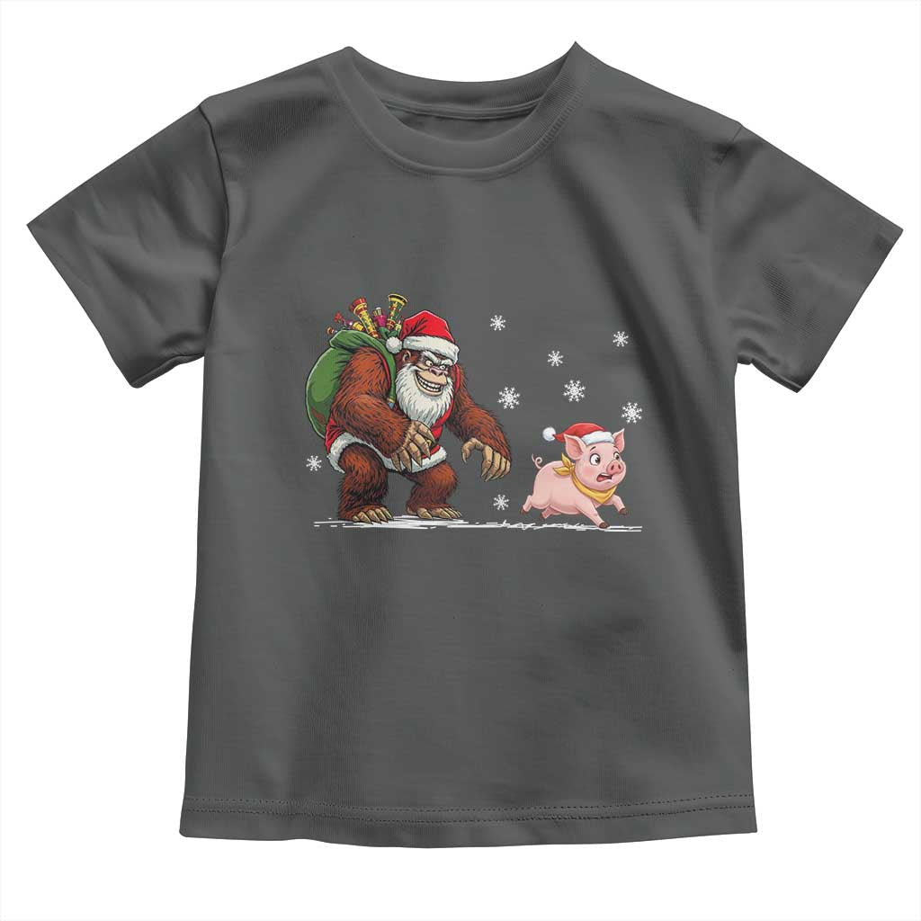 Christmas Cryptid Farm Life Gift Toddler T Shirt Funny Bigfoot Chasing Pig TS12 Dark Heather Print Your Wear