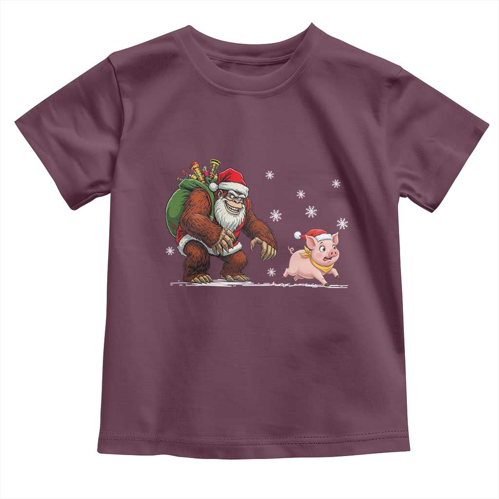 Christmas Cryptid Farm Life Gift Toddler T Shirt Funny Bigfoot Chasing Pig TS12 Maroon Print Your Wear
