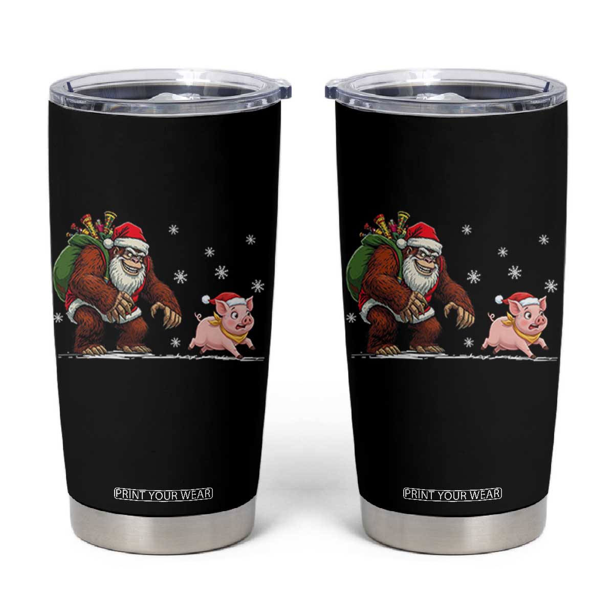 Christmas Cryptid Farm Life Gift Tumbler Cup Funny Bigfoot Chasing Pig TS12 Black Print Your Wear