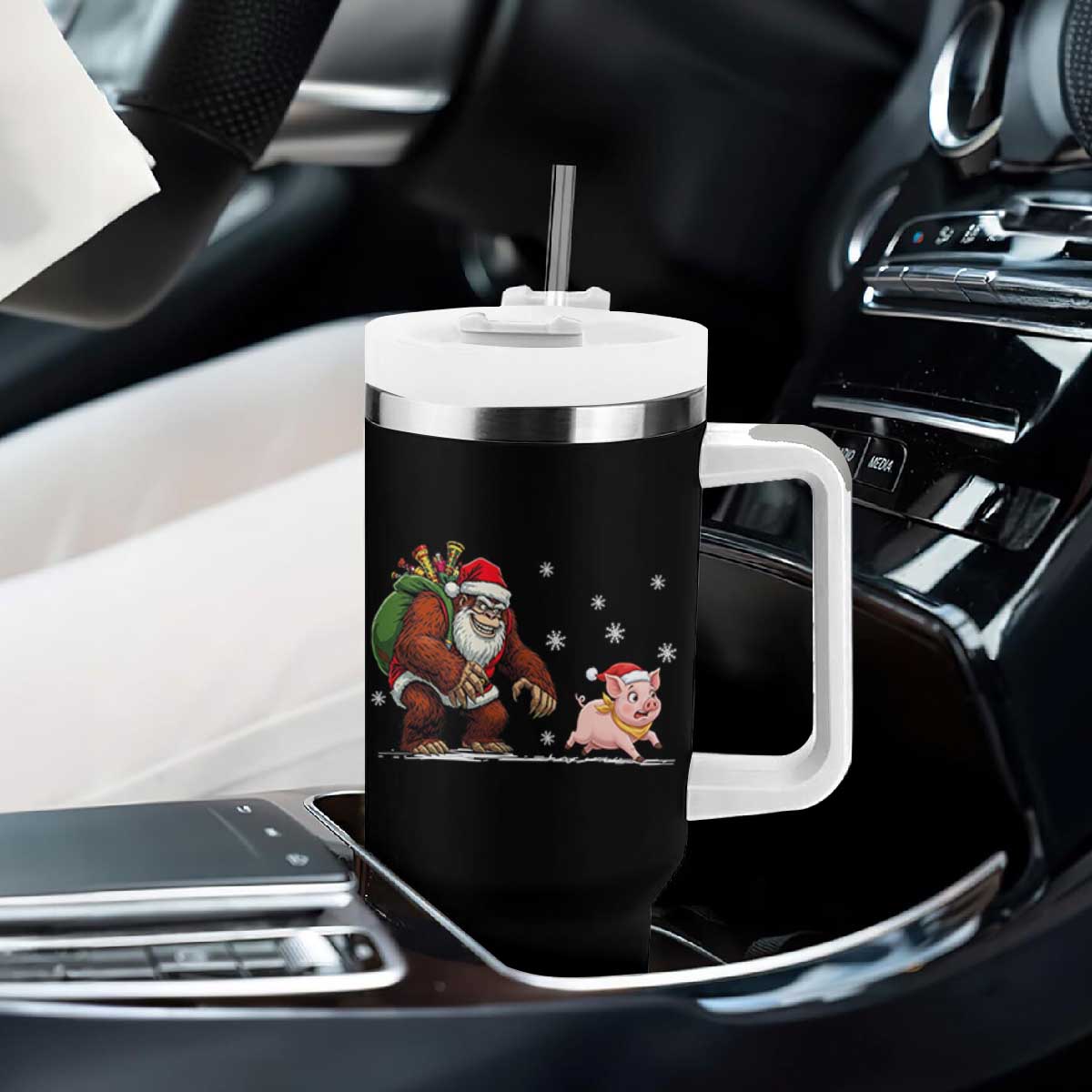 Christmas Cryptid Farm Life Gift Tumbler With Handle Funny Bigfoot Chasing Pig TS12 Print Your Wear