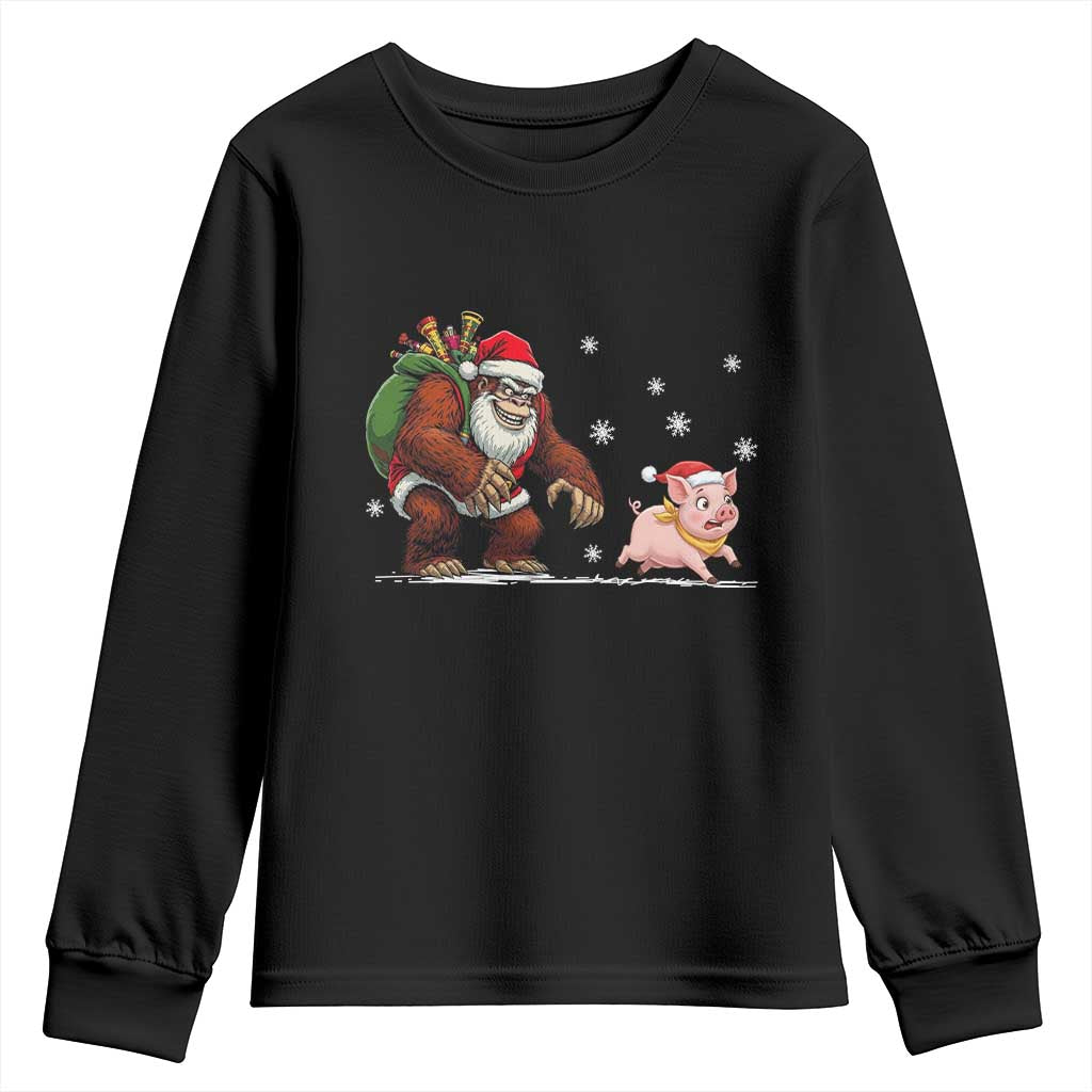 Christmas Cryptid Farm Life Gift Youth Sweatshirt Funny Bigfoot Chasing Pig TS12 Black Print Your Wear