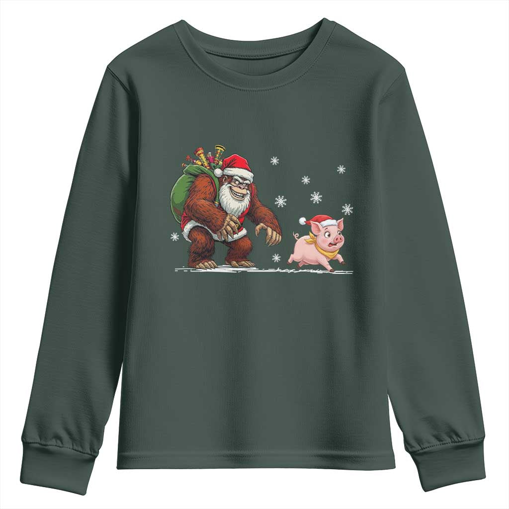Christmas Cryptid Farm Life Gift Youth Sweatshirt Funny Bigfoot Chasing Pig TS12 Dark Forest Green Print Your Wear