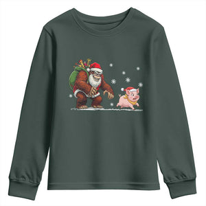 Christmas Cryptid Farm Life Gift Youth Sweatshirt Funny Bigfoot Chasing Pig TS12 Dark Forest Green Print Your Wear