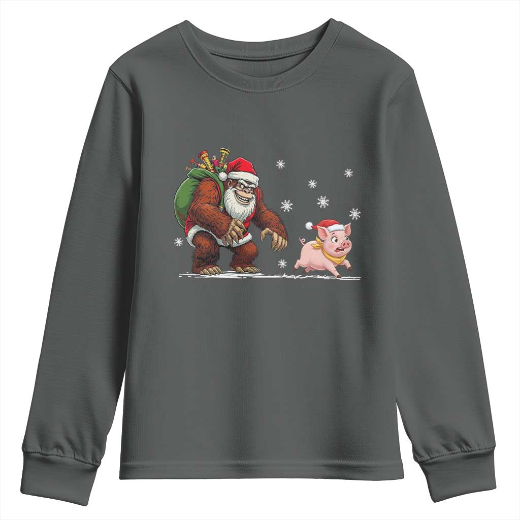Christmas Cryptid Farm Life Gift Youth Sweatshirt Funny Bigfoot Chasing Pig TS12 Dark Heather Print Your Wear