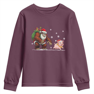 Christmas Cryptid Farm Life Gift Youth Sweatshirt Funny Bigfoot Chasing Pig TS12 Maroon Print Your Wear