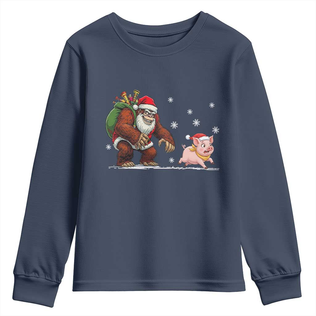 Christmas Cryptid Farm Life Gift Youth Sweatshirt Funny Bigfoot Chasing Pig TS12 Navy Print Your Wear