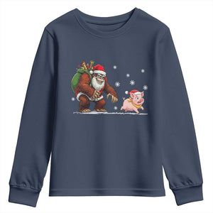 Christmas Cryptid Farm Life Gift Youth Sweatshirt Funny Bigfoot Chasing Pig TS12 Navy Print Your Wear