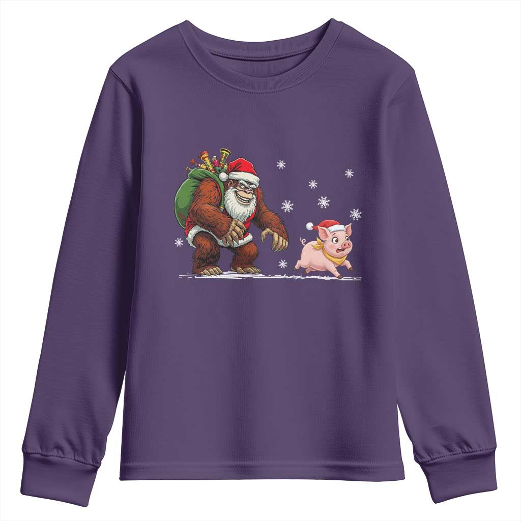 Christmas Cryptid Farm Life Gift Youth Sweatshirt Funny Bigfoot Chasing Pig TS12 Purple Print Your Wear