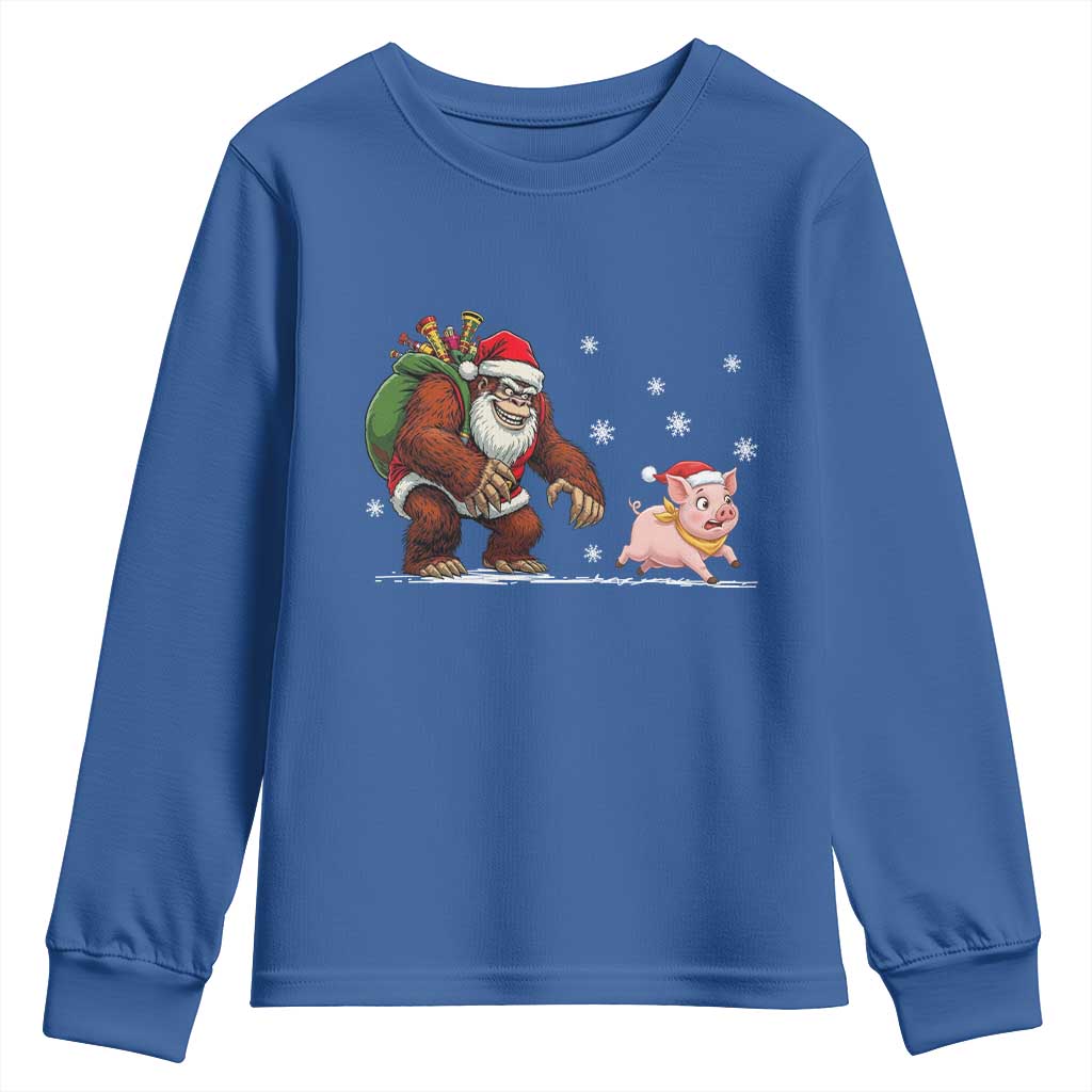 Christmas Cryptid Farm Life Gift Youth Sweatshirt Funny Bigfoot Chasing Pig TS12 Royal Blue Print Your Wear
