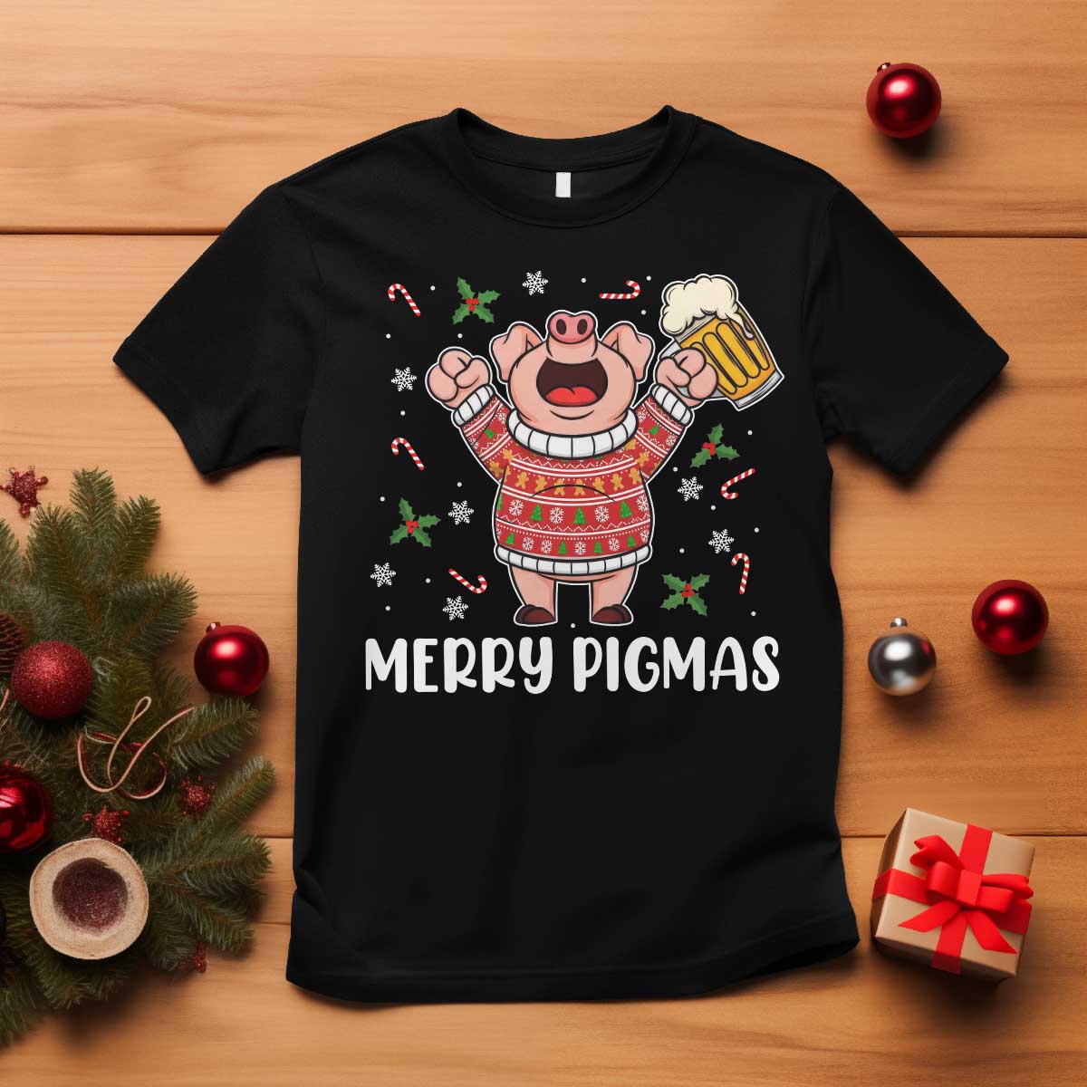 Christmas Pig Drinking Beer T Shirt Funny Merry Pigmas Gift TS12 Black Print Your Wear