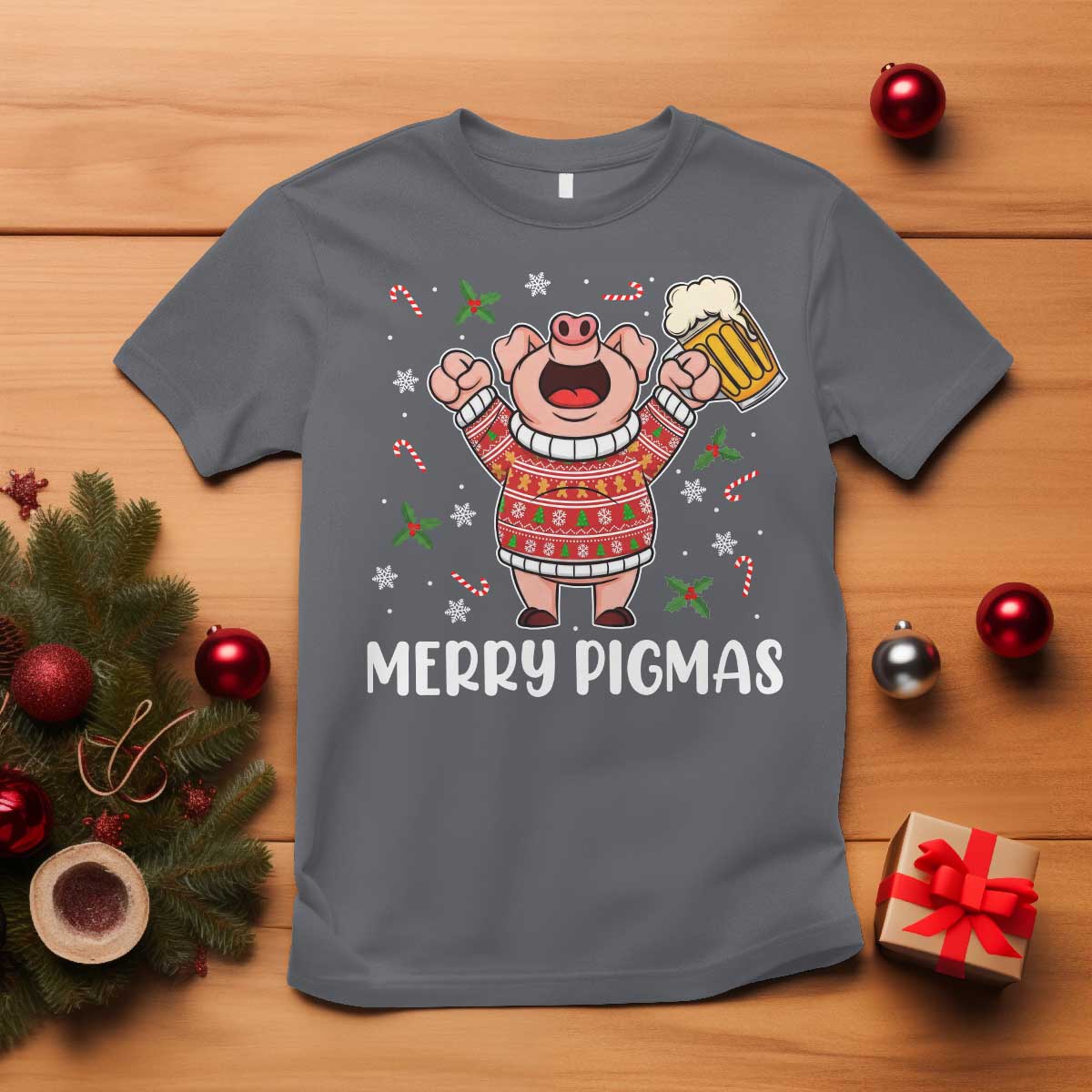 Christmas Pig Drinking Beer T Shirt Funny Merry Pigmas Gift TS12 Charcoal Print Your Wear