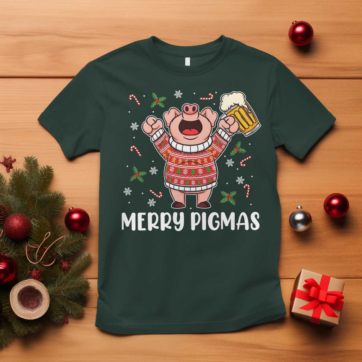Christmas Pig Drinking Beer T Shirt Funny Merry Pigmas Gift TS12 Dark Forest Green Print Your Wear