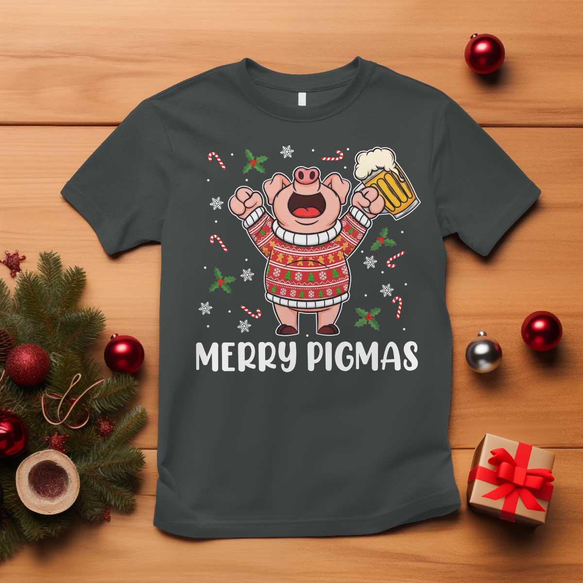 Christmas Pig Drinking Beer T Shirt Funny Merry Pigmas Gift TS12 Dark Heather Print Your Wear