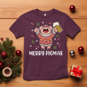 Christmas Pig Drinking Beer T Shirt Funny Merry Pigmas Gift TS12 Maroon Print Your Wear