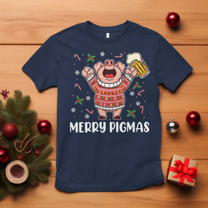 Christmas Pig Drinking Beer T Shirt Funny Merry Pigmas Gift TS12 Navy Print Your Wear