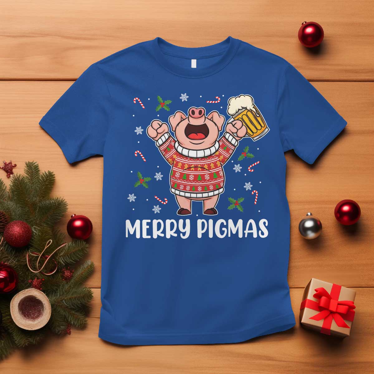 Christmas Pig Drinking Beer T Shirt Funny Merry Pigmas Gift TS12 Royal Blue Print Your Wear