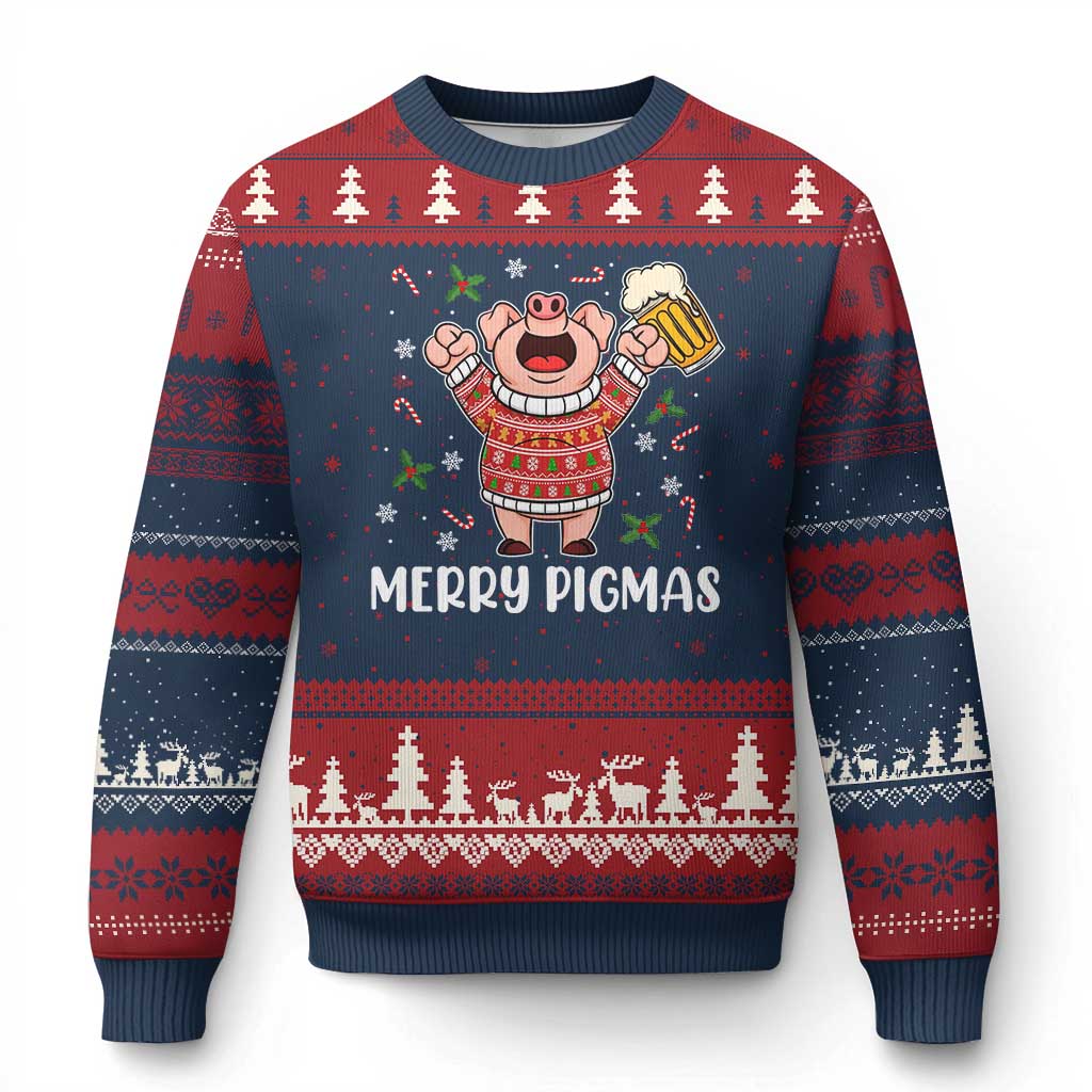 Christmas Pig Drinking Beer Ugly Christmas Sweater Funny Merry Pigmas Gift TS12 Navy Red Print Your Wear