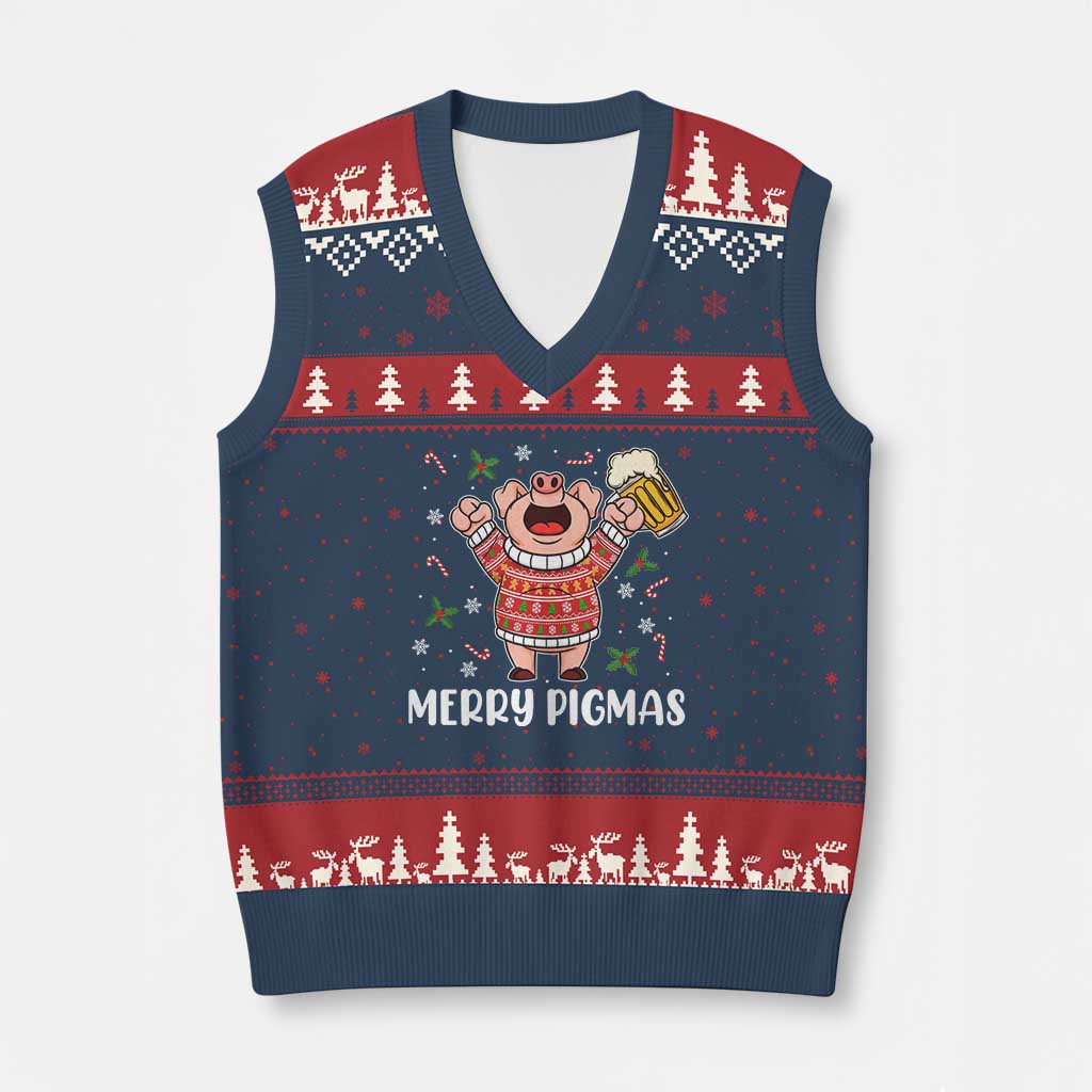 Christmas Pig Drinking Beer V-Neck Knit Sweater Vest Funny Merry Pigmas Gift TS12 Navy Red Print Your Wear