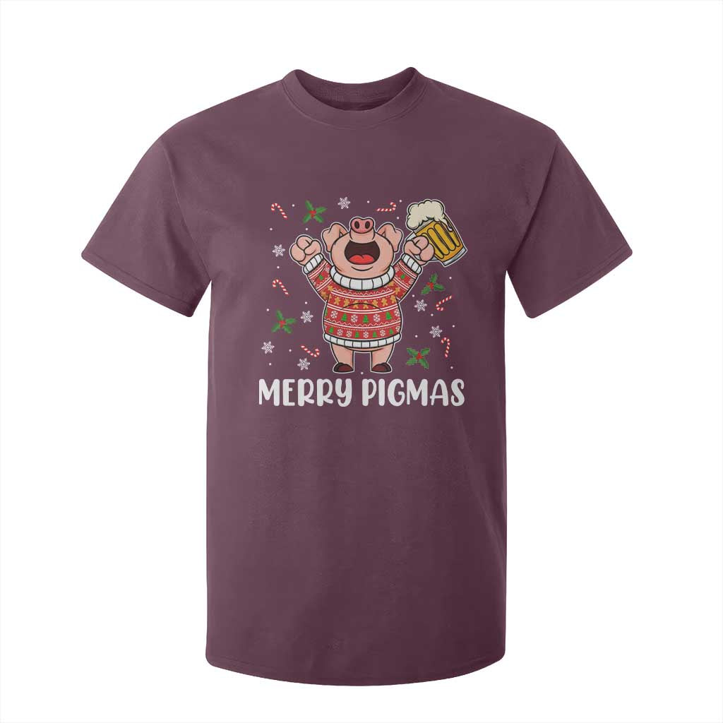 Christmas Pig Drinking Beer T Shirt For Kid Funny Merry Pigmas Gift TS12 Maroon Print Your Wear