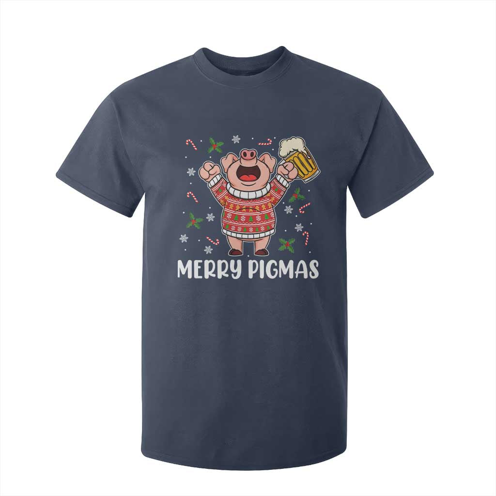 Christmas Pig Drinking Beer T Shirt For Kid Funny Merry Pigmas Gift TS12 Navy Print Your Wear