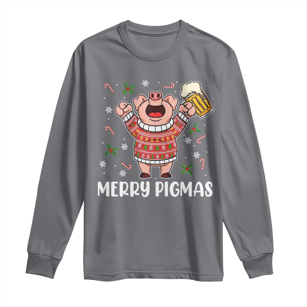 Christmas Pig Drinking Beer Long Sleeve Shirt Funny Merry Pigmas Gift TS12 Charcoal Print Your Wear
