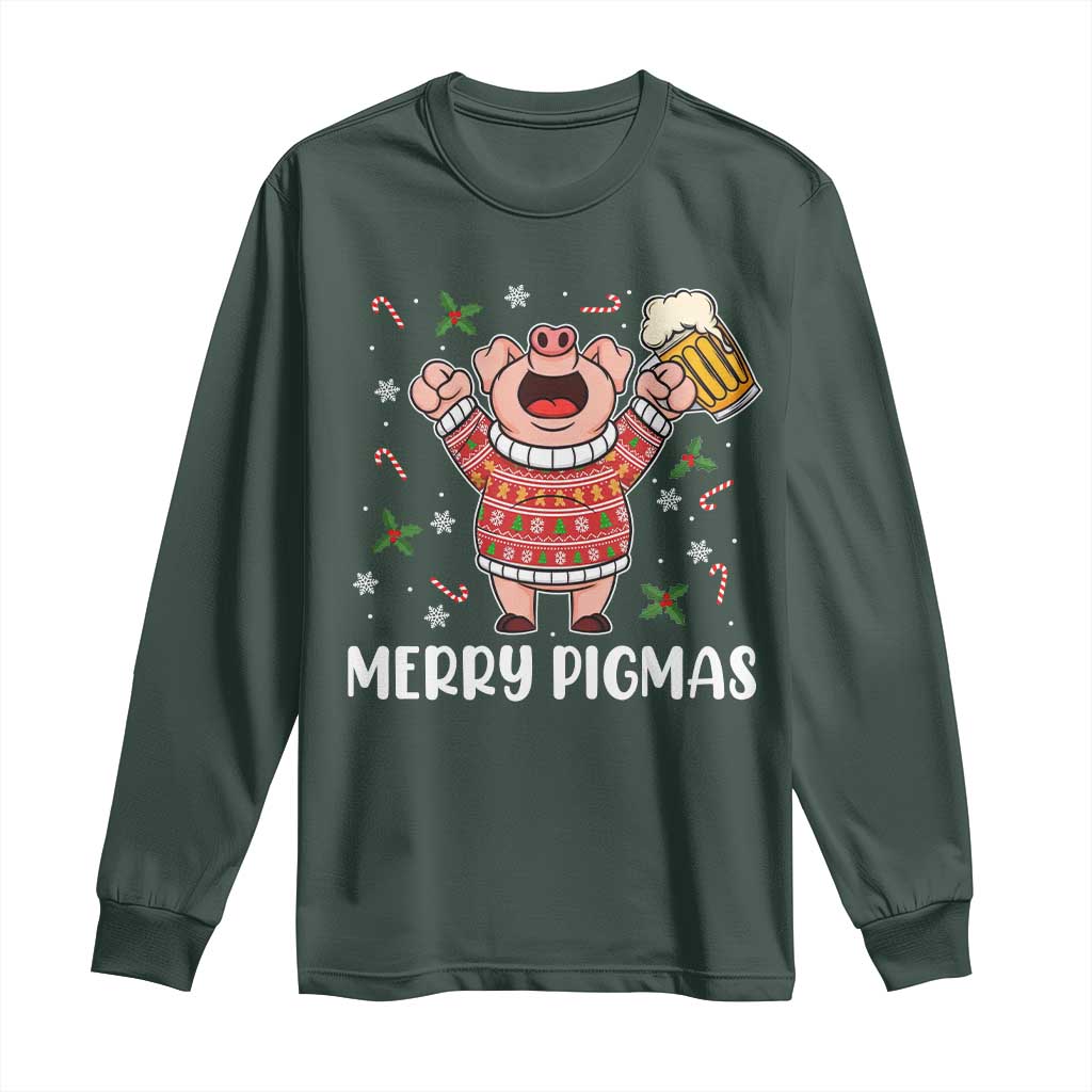 Christmas Pig Drinking Beer Long Sleeve Shirt Funny Merry Pigmas Gift TS12 Dark Forest Green Print Your Wear