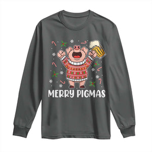 Christmas Pig Drinking Beer Long Sleeve Shirt Funny Merry Pigmas Gift TS12 Dark Heather Print Your Wear