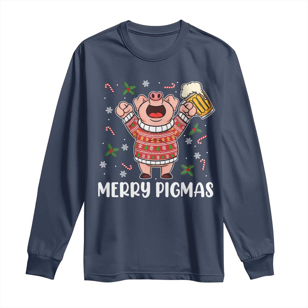 Christmas Pig Drinking Beer Long Sleeve Shirt Funny Merry Pigmas Gift TS12 Navy Print Your Wear