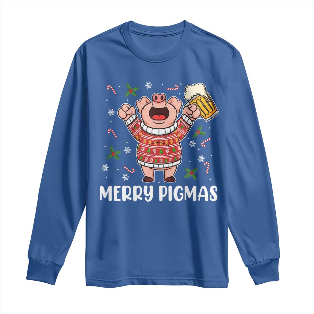 Christmas Pig Drinking Beer Long Sleeve Shirt Funny Merry Pigmas Gift TS12 Royal Blue Print Your Wear