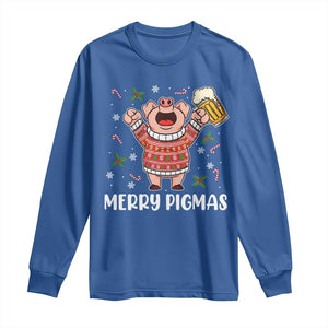 Christmas Pig Drinking Beer Long Sleeve Shirt Funny Merry Pigmas Gift TS12 Royal Blue Print Your Wear