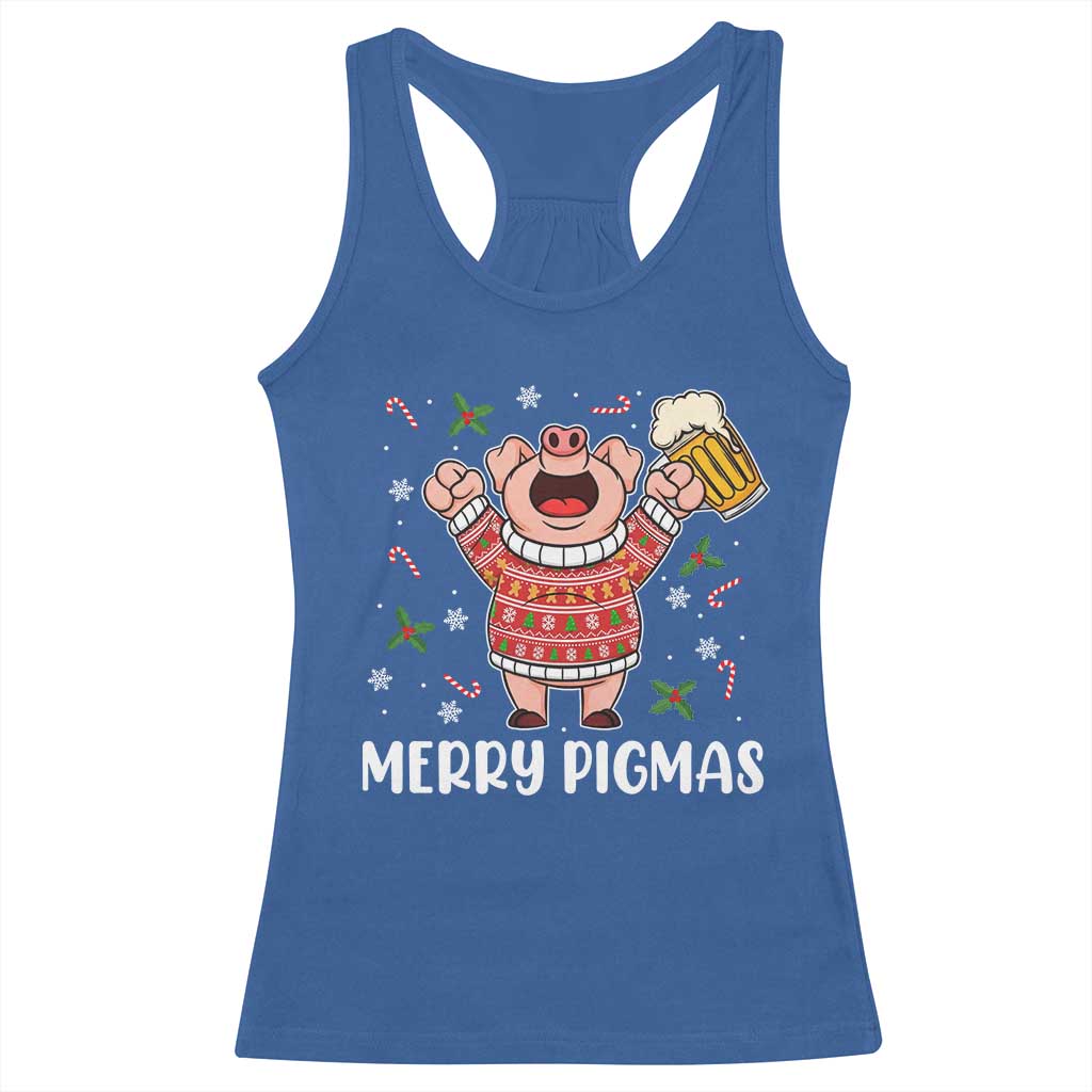 Christmas Pig Drinking Beer Racerback Tank Top Funny Merry Pigmas Gift TS12 Royal Blue Print Your Wear