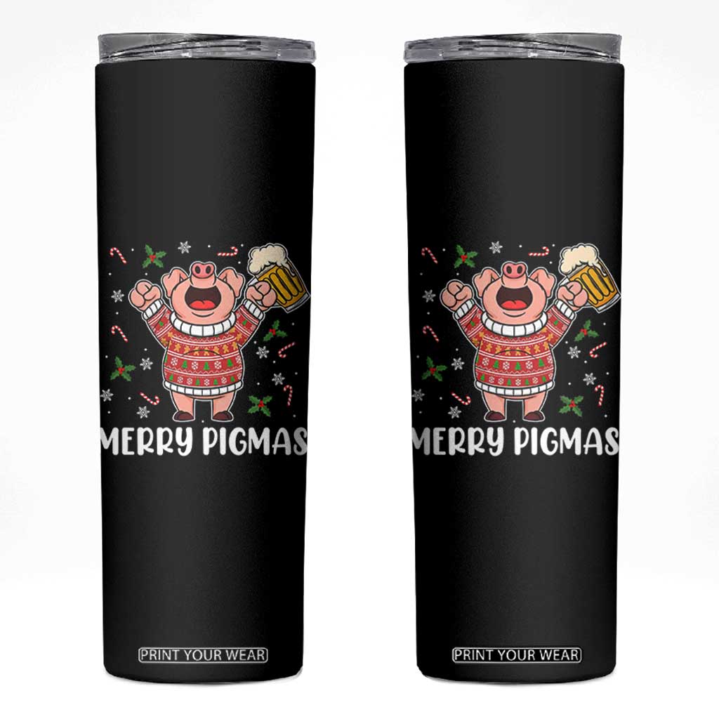 Christmas Pig Drinking Beer Skinny Tumbler Funny Merry Pigmas Gift TS12 Black Print Your Wear