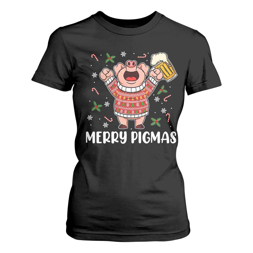 Christmas Pig Drinking Beer T Shirt For Women Funny Merry Pigmas Gift TS12 Black Print Your Wear