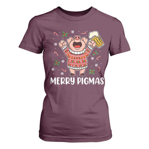 Christmas Pig Drinking Beer T Shirt For Women Funny Merry Pigmas Gift TS12 Maroon Print Your Wear