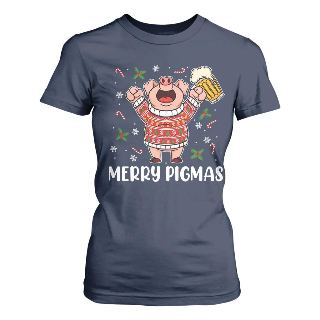 Christmas Pig Drinking Beer T Shirt For Women Funny Merry Pigmas Gift TS12 Navy Print Your Wear