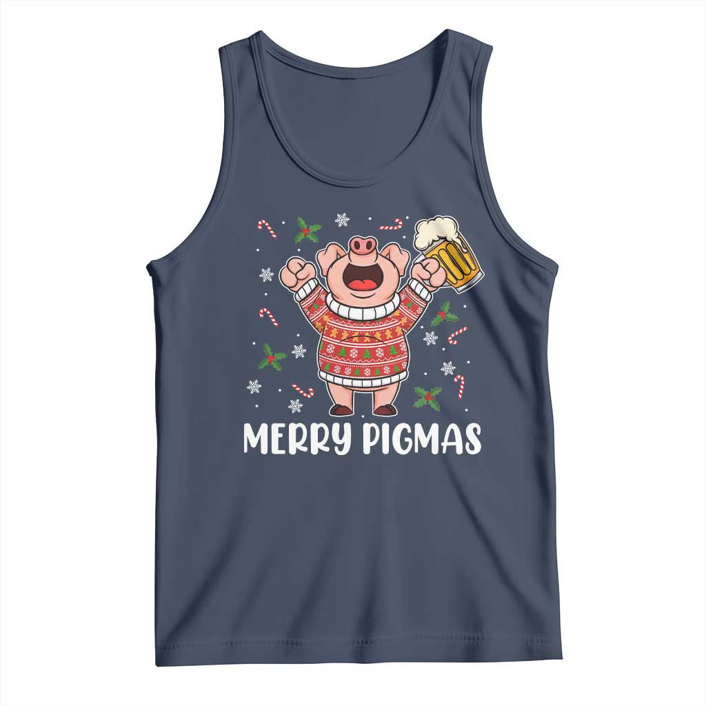 Christmas Pig Drinking Beer Tank Top Funny Merry Pigmas Gift TS12 Navy Print Your Wear