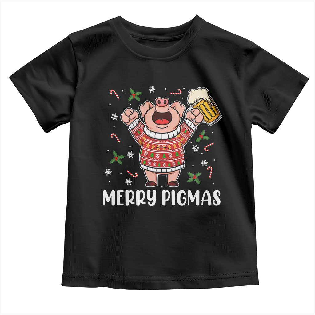 Christmas Pig Drinking Beer Toddler T Shirt Funny Merry Pigmas Gift TS12 Black Print Your Wear