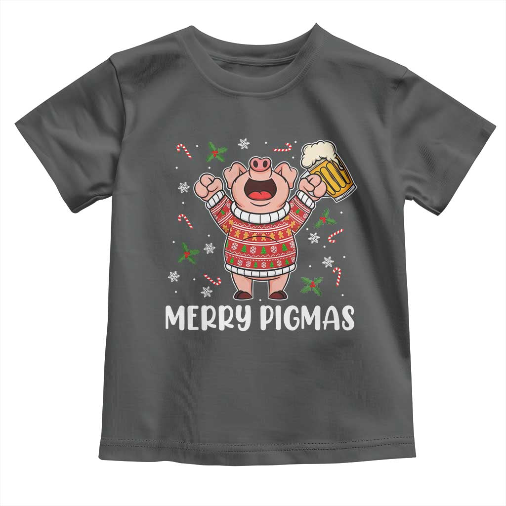 Christmas Pig Drinking Beer Toddler T Shirt Funny Merry Pigmas Gift TS12 Dark Heather Print Your Wear