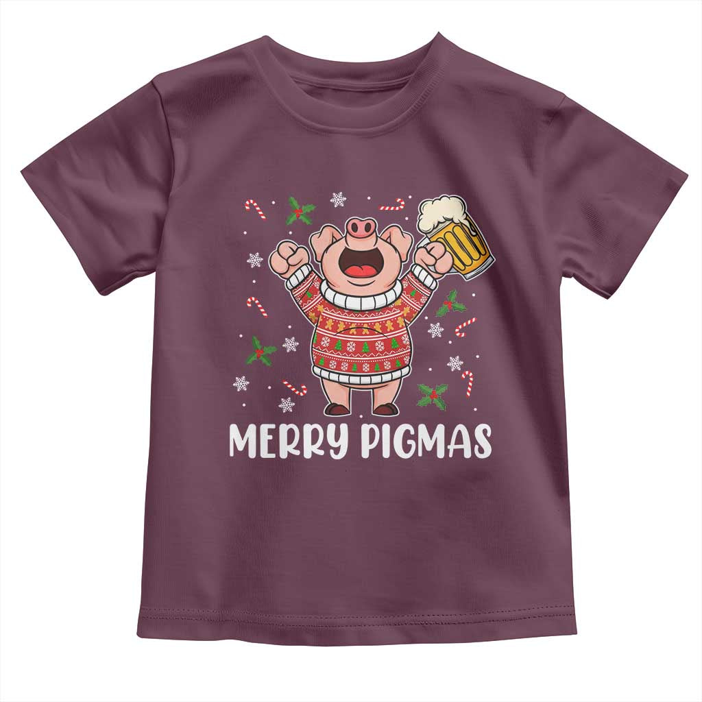 Christmas Pig Drinking Beer Toddler T Shirt Funny Merry Pigmas Gift TS12 Maroon Print Your Wear