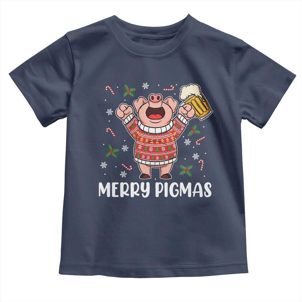 Christmas Pig Drinking Beer Toddler T Shirt Funny Merry Pigmas Gift TS12 Navy Print Your Wear
