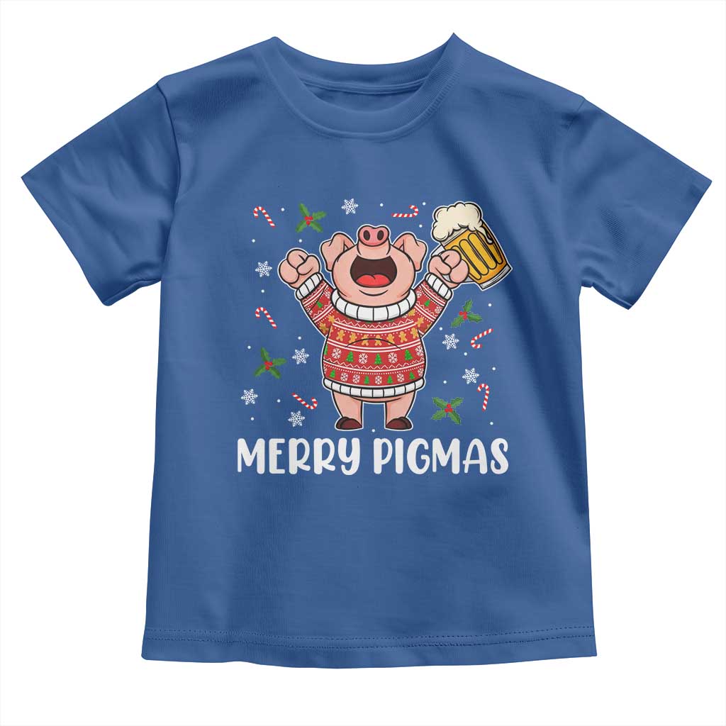 Christmas Pig Drinking Beer Toddler T Shirt Funny Merry Pigmas Gift TS12 Royal Blue Print Your Wear